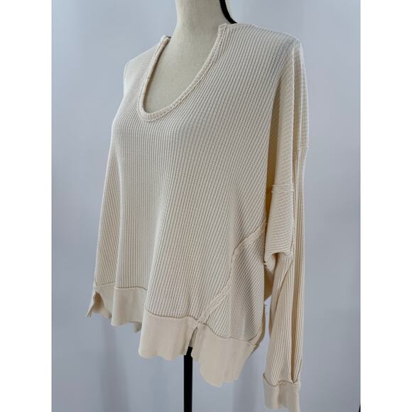 We the Free People Cream Ivory Thermal Top Oversized Waffle Knit Long Sleeve M - Picture 3 of 8